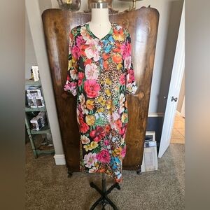 Johnny Was Vibrant Floral and Leopard Midi Dress